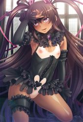 Rule 34 | 00s, 1girl, aoi nagisa (metalder), armpits, breasts, brown hair, covered erect nipples, curvy, female focus, highres, lilith-soft, lingerie, long hair, looking at viewer, mizuki yukikaze, nipples, no pussy, official art, one-piece tan, open mouth, purple eyes, see-through, shiny skin, small breasts, smile, solo, taimanin (series), taimanin asagi, taimanin yukikaze, taimanin yukikaze 2, tan, tanline, teeth, twintails, underwear, undressing, very long hair