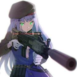 Rule 34 | 1girl, absurdres, assault rifle, beret, blue jacket, blurry, blurry background, blurry foreground, brown hat, commentary request, depth of field, facial mark, ginopi, girls&#039; frontline, gloves, glowing, glowing eyes, green eyes, gun, h&amp;k hk416, hair ornament, hat, heckler &amp; koch, highres, hk416 (girls&#039; frontline), holding, holding gun, holding weapon, jacket, long hair, name connection, object namesake, parted lips, rifle, silver hair, simple background, solo, suppressor, trigger discipline, very long hair, weapon, white background, white gloves