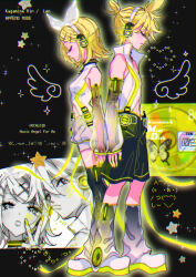 Rule 34 | 1boy, 1girl, back-to-back, black background, blonde hair, bow, bug, butterfly, character name, choker, closed eyes, clothing cutout, commentary, commentary request, copyright name, detached sleeves, english commentary, english text, eyeshadow, from side, full body, glowing clothes, glowing nails, glowing neckwear, hair bow, hair ornament, hairclip, headphones, heart, highres, himitsu (iemaki), insect, kagamine len, kagamine len (append), kagamine rin, kagamine rin (append), leg warmers, looking at viewer, makeup, mixed-language commentary, multiple views, nail polish, navel, navel cutout, pixels, popped collar, short hair, shorts, sparkle, spiked hair, star (symbol), v, vocaloid, vocaloid append, white bow, wings, yellow butterfly, yellow eyeshadow, yellow nails