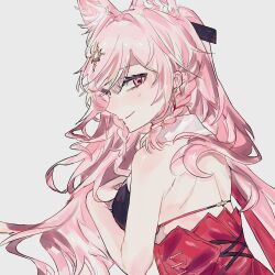 Rule 34 | 1girl, absurdres, animal ears, arknights, backless dress, backless outfit, bare arms, bare back, bare shoulders, braid, commentary, dress, grey background, hair ornament, highres, long hair, looking at viewer, nb (enbisang), pink eyes, pink hair, pozyomka (arknights), red dress, simple background, smile, solo, upper body, very long hair, wolf ears
