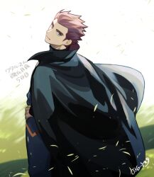 Rule 34 | 1boy, black cape, cape, closed mouth, commentary request, creatures (company), falling leaves, game freak, grey eyes, hand on own hip, lance (pokemon), leaf, long sleeves, male focus, nintendo, pants, pokemon, pokemon hgss, red hair, short hair, signature, smile, solo, spiked hair, standing, y (036 yng)