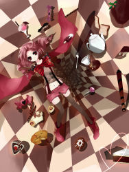 Rule 34 | 10s, 1girl, absurdres, bad id, bad pixiv id, black thighhighs, bow, candy, cape, charlotte (madoka magica), checkerboard cookie, checkered floor, cookie, dj.adonis, doughnut, drill hair, floor, food, fork, highres, ice cream, mahou shoujo madoka magica, mahou shoujo madoka magica (anime), midriff, navel, personification, pie, pink eyes, pink hair, popsicle, shorts, solo, suspenders, sweets, teapot, thighhighs, twin drills, twintails, wafer stick