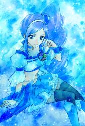 Rule 34 | 00s, 1girl, aizen (syoshiyuki), aono miki, arm support, black thighhighs, blue eyes, blue footwear, blue hair, blue neckwear, blue skirt, blue theme, boots, closed mouth, crop top, cure berry, earrings, fresh precure!, frills, hair ornament, hairband, heart, heart earrings, heart hair ornament, highres, invisible chair, jewelry, knee boots, light smile, long hair, looking at viewer, magical girl, midriff, navel, precure, side ponytail, sitting, skirt, solo, sparkle, thighhighs, thighhighs under boots, wrist cuffs