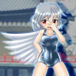 Rule 34 | 1girl, blush, grey hair, hand on own face, kishin sagume, one-piece swimsuit, red eyes, school swimsuit, shiny clothes, shiny skin, simple background, single wing, skindentation, smile, solo, swimsuit, touhou, wings, winn