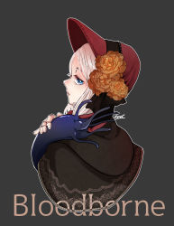Rule 34 | 1girl, black background, bloodborne, blue eyes, bonnet, cloak, closed mouth, commentary request, copyright name, doll joints, english text, flower, from behind, hat, hat flower, highres, hunter (great one) (bloodborne), joints, looking at viewer, looking back, ozaki yamato, plain doll, rose, simple background, white hair, yellow flower