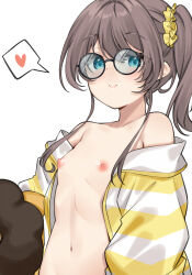 Rule 34 | 1girl, bare shoulders, blue eyes, blush, breasts, brown hair, closed mouth, collarbone, commentary, erubusubori, glasses, heart, highres, hololive, jacket, long sleeves, looking at viewer, medium hair, naked jacket, natsuiro matsuri, natsuiro matsuri (matsuri&#039;s day off), navel, nipples, official alternate costume, round eyewear, scrunchie, side ponytail, simple background, small breasts, smile, solo, speech bubble, spoken heart, striped clothes, striped jacket, upper body, variant set, virtual youtuber, white background, white jacket, yellow jacket, yellow scrunchie
