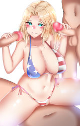 Rule 34 | 1girl, 3boys, american flag bikini, american flag print, areola slip, bikini, blonde hair, blue eyes, blush, breasts, censored, cleavage, clothed female nude male, clothed sex, collarbone, colored eyelashes, double handjob, embarrassed, erection, flag print, girl on top, girls und panzer, groin, halterneck, handjob, highleg, highleg bikini, highres, kay (girls und panzer), kuuki (rakam), large breasts, looking at penis, micro bikini, monochrome background, mosaic censoring, multiple boys, navel, nude, parted lips, penis, print bikini, sex, side-tie bikini bottom, simple background, smile, solo focus, spread legs, standing, straddling, string bikini, swimsuit, thighs, vaginal, white background