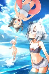 Rule 34 | 3girls, animal ears, bare shoulders, beach, bikini, black hair, blue eyes, blush, cat ears, cloud, covered navel, day, flat chest, groin, highres, innertube, long hair, looking at viewer, md5 mismatch, multiple girls, ocean, one-piece swimsuit, open mouth, original, outdoors, partially submerged, red eyes, resolution mismatch, short hair, silver hair, sky, slit pupils, smile, source larger, swim ring, swimsuit, upside-down, water, white one-piece swimsuit, yunar