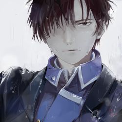 Rule 34 | 1boy, 49 (23897494), absurdres, amestris military uniform, black coat, black eyes, black hair, close-up, coat, expressionless, fullmetal alchemist, gradient background, grey background, hair over one eye, highres, looking at viewer, male focus, military, military uniform, rain, roy mustang, serious, short hair, signature, simple background, uniform, upper body, wet, wet clothes, wet hair, white background