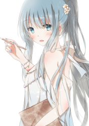 Rule 34 | 1girl, :d, blue eyes, blue hair, book, casual, dress, from side, highres, hiro (hirohiro31), holding, long hair, looking at viewer, matching hair/eyes, open mouth, original, pen, pixiv-tan, ponytail, simple background, smile, solo, white background, white dress