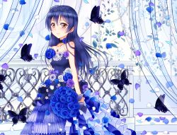Rule 34 | 1girl, bare shoulders, blue dress, blue hair, bouquet, bug, butterfly, choker, closed mouth, commentary request, dress, earrings, flower, hair between eyes, hiro9779, holding, insect, jewelry, long hair, looking at viewer, love live!, love live! school idol festival, love live! school idol project, necklace, petals, sleeveless, sleeveless dress, smile, solo, sonoda umi