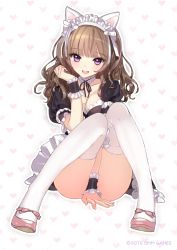 Rule 34 | 1girl, alternate costume, animal ears, apron, between legs, blonde hair, breasts, cat ears, cleavage, covering privates, covering crotch, detached collar, dress, frills, fukawa rianzu, funkawa rianzu, hand between legs, heart, heart background, looking at viewer, maid, maid apron, maid headdress, open mouth, outline, patterned background, puffy sleeves, purple eyes, short sleeves, shuku hime, simple background, sitting, skirt, smile, solo, thighhighs, tsukigami runa, wavy hair, white background, white thighhighs, wrist cuffs