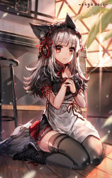 Rule 34 | 1girl, animal ear fluff, animal ears, apron, arknights, behind-the-head headphones, black footwear, black shirt, black skirt, black thighhighs, blush, boots, closed mouth, collared shirt, frostleaf (arknights), grey hair, hands up, headphones, highres, implied extra ears, indoors, long hair, looking at viewer, nail polish, neck ribbon, ninjinshiru, on floor, own hands together, puffy short sleeves, puffy sleeves, red eyes, red nails, red ribbon, ribbon, ribbon trim, shirt, short sleeves, sitting, skirt, solo, stool, sunset, tail, thighhighs, waist apron, wariza, white apron, window, wooden floor, wrist cuffs