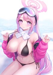 Rule 34 | 1girl, bikini, bikini top lift, black bikini, blue archive, blush, breast slip, breasts, closed mouth, clothes lift, commentary request, eimi (blue archive), eimi (swimsuit) (blue archive), goggles, goggles on head, halo, heart, heart in eye, high ponytail, highres, jacket, large breasts, lifted by self, long hair, long sleeves, looking at viewer, nipples, official alternate costume, open clothes, open jacket, pink eyes, pink hair, pink halo, pink jacket, scarf, ski goggles, sleeves past wrists, smile, sweat, swimsuit, symbol in eye, white scarf, yonai34
