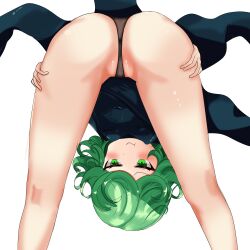 Rule 34 | 1girl, absurdres, ass, bent over, black dress, black panties, blush, breasts, closed mouth, cowboy shot, curly hair, dress, from behind, green eyes, green hair, highres, matching hair/eyes, one-punch man, panties, pout, shincito, short hair, simple background, small breasts, solo, standing, tatsumaki, underwear, white background
