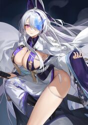 Rule 34 | 1girl, animal ears, azur lane, blue butterfly, braid, breasts, bug, butterfly, cleavage, clothes lift, clothes pull, dress, eyepatch, floral print, hair ornament, hair over one eye, high heels, highres, holding, holding sword, holding weapon, horns, insect, jacket, japanese clothes, katana, kimono, large breasts, long hair, long sleeves, looking at viewer, no bra, obi, on one knee, one eye covered, panties, parted lips, purple eyes, red cucumber, robe, sash, sheath, sheathed, shoes, side slit, skindentation, skirt, skirt lift, skirt pull, solo, sword, tail, thigh strap, thighs, underwear, unzen (azur lane), very long hair, weapon, white hair, wide sleeves