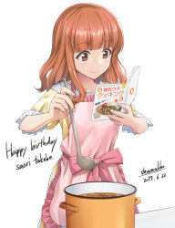Rule 34 | 10s, 1girl, apron, book, bow, brown eyes, brown hair, character name, collarbone, cookbook, dated, girls und panzer, happy birthday, holding, holding book, ladle, looking away, medium hair, open book, pink apron, pink bow, pink ribbon, pot, ribbon, shamakho, short sleeves, signature, takebe saori