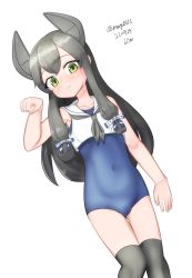 Rule 34 | 1girl, absurdres, black hair, black thighhighs, crop top, dated, green eyes, grey neckerchief, hair ribbon, headgear, highres, i-47 (kancolle), kantai collection, long hair, looking at viewer, low-tied long hair, maru (marg0613), neckerchief, one-hour drawing challenge, paw pose, ribbon, sailor collar, sailor shirt, school swimsuit, shirt, sidelocks, simple background, sleeveless, sleeveless shirt, solo, swimsuit, thighhighs, tress ribbon, twitter username, white background, white sailor collar