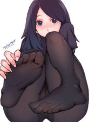 Rule 34 | 1girl, artist request, blue eyes, blue hair, blush, feet, foot focus, hands on feet, highres, long hair, looking at viewer, no shoes, pantyhose, pov, sitting, soles, source request, toes, white background