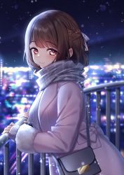 Rule 34 | 1girl, bag, blurry, blurry background, blush, brown hair, cityscape, coat, from side, hair ribbon, handbag, highres, leaning forward, looking at viewer, moyui (myi 005), night, night sky, original, plaid, plaid scarf, railing, ribbon, scarf, sky, smile, solo, standing