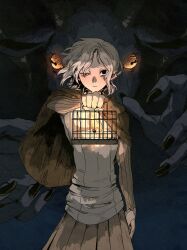 Rule 34 | 1boy, absurdres, animal, arm up, bags under eyes, birdcage, black eyes, black nails, cage, canary, cloak, demon, dungeon meshi, elf, glowing, goat, goat (dungeon meshi), gorget, grey hair, highres, holding, holding cage, hood, hooded cloak, horizontal pupils, horns, lazy eye, long sleeves, looking at viewer, male focus, mithrun, notched ear, pachix2 corgi, pointy ears, shirt, short hair, straight-on, symbol-shaped pupils, tunic, uneven eyes, wavy hair, yellow eyes