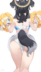 Rule 34 | 1girl, absurdres, animal ears, ass, bare shoulders, black hair, blue archive, breasts, cheerleader, dog ears, dog tail, from behind, halo, hibiki (blue archive), hibiki (cheer squad) (blue archive), highres, long hair, looking away, millennium cheerleader outfit (blue archive), miniskirt, panties, pom pom (cheerleading), shiny skin, simple background, skirt, solo, tail, tomid, two side up, underwear, white background