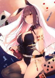 Rule 34 | 1girl, animal ears, armlet, ass, bare shoulders, belt, black leotard, blush, bottle, bracer, breasts, brown thighhighs, card, cleavage, closed mouth, detached collar, detached sleeves, fingernails, gradient background, hase neet, highres, holding, holding bottle, hololive, hololive english, large breasts, leotard, long fingernails, long hair, looking at viewer, mori calliope, nail polish, neck ribbon, pink background, playing card, purple background, purple hair, rabbit ears, red eyes, red nails, red ribbon, ribbon, single detached sleeve, single thighhigh, skindentation, solo, strapless, strapless leotard, thick thighs, thighhighs, thighs, very long hair, virtual youtuber