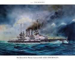 absurdres battleship cannon highres imperial_german_navy military_vehicle no_humans ocean oil_painting_(medium) original painting_(medium) ship smoke smokestack sms_thueringen storm traditional_media turret vehicle_focus vortex_(xu_xuanwo) warship watercraft world_war_i