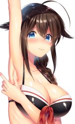Rule 34 | 10s, 1girl, adapted costume, ahoge, arm up, armpits, bikini, black bikini, blue eyes, blush, braid, breasts, brown hair, closed mouth, collarbone, embarrassed, hair between eyes, hair flaps, highres, kantai collection, large breasts, lips, long hair, looking at viewer, ntk (7t5), shigure (kancolle), shigure kai ni (kancolle), shiny clothes, simple background, single braid, solo, swimsuit, upper body, white background