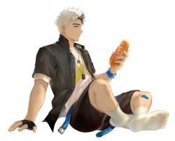 Rule 34 | 1boy, bandaid, bandaid on leg, belt, black gloves, black hair, black shirt, black shorts, blue belt, blue eyes, collared shirt, fingerless gloves, food, gloves, highres, holding, holding food, hot dog, indian style, jewelry, looking at viewer, male focus, multicolored hair, necklace, open belt, open clothes, open shirt, original, pmoazi, shirt, short hair, shorts, single glove, sitting, smile, socks, solo, t-shirt, two-tone hair, white background, white hair, wristband