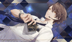 Rule 34 | 1boy, asymmetrical bangs, brown eyes, brown hair, card, closed mouth, collared shirt, commentary request, dutch angle, earrings, fuyuomi, holding, holding card, jewelry, kagami hayato, looking at viewer, male focus, necktie, nijisanji, shirt, short hair, smile, solo, standing, unbuttoned, unbuttoned shirt, virtual youtuber, watch, white shirt, wristwatch