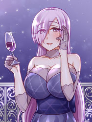 Rule 34 | 1girl, alcohol, black dress, blush, breasts, champagne flute, cleavage, cup, dress, drinking glass, eyes visible through hair, fate/grand order, fate (series), hair over one eye, jewelry, large breasts, long hair, looking at viewer, mash kyrielight, aged up, open mouth, purple eyes, purple hair, ring, smile, solo, wedding band, wine, yakisobapan tarou &amp; negitoro-ko