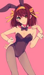 Rule 34 | 1girl, animal ears, bare shoulders, black leotard, bow, bowtie, breasts, brown eyes, brown hair, bunny day, cleavage, commentary request, cowboy shot, detached collar, fake animal ears, hair ribbon, hairband, hand on own hip, highres, leotard, looking at viewer, medium breasts, pantyhose, playboy bunny, rabbit ears, ribbon, rumic 0620, simple background, smile, solo, strapless, strapless leotard, suzumiya haruhi, suzumiya haruhi no yuuutsu, wrist cuffs, yellow hairband, yellow ribbon