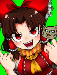 Rule 34 | 1girl, ascot, benikurage (cookie), blush, bow, breasts, brown hair, censored, character censor, commentary request, cookie (touhou), detached sleeves, double middle finger, fangs, frilled bow, frilled hair tubes, frills, green background, hair bow, hair tubes, hakurei reimu, highres, impossible clothes, impossible shirt, looking at viewer, manatsu no yo no inmu, medium breasts, medium hair, middle finger, miura cat, novelty censor, nuru nuru 3, open mouth, orange scarf, parted bangs, red bow, red eyes, red shirt, scarf, shirt, sidelocks, simple background, sleeveless, sleeveless shirt, slit pupils, smile, solo, striped clothes, striped scarf, touhou, upper body, white sleeves, yellow ascot, yellow scarf