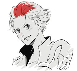 Rule 34 | 10s, 1boy, alternate hairstyle, cst, fang, hair slicked back, male focus, minami kenjirou, monochrome, open mouth, pointing, red hair, smile, spot color, upper body, yuri!!! on ice