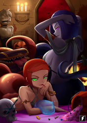 Rule 34 | 1boy, 2girls, age difference, ainz ooal gown, bandages, bdsm, ben 10, ben tennyson, blue hair, bondage, bound, bracelet, breasts, candle, candy, closed mouth, colored eyelashes, colored skin, covered eyes, crossover, dc comics, drooling, dungeon, evil smile, fang, fang out, fire, food, forehead jewel, forked tongue, gag, glowing, glowing eyes, green eyes, grey skin, gwen tennyson, hair ornament, halloween, halloween bucket, highres, indoors, jewelry, lamia, light, looking at viewer, lying, mimic, mimic chest, monster girl, monsterification, multiple girls, orange hair, overlord (maruyama), petrification, pumpkin, purple eyes, raven (dc), rimuru tempest, shiny clothes, shiny skin, short hair, sideboob, skull, slime, smile, sword, tail, teen titans, teng zhai zi, tensei shitara slime datta ken, tongue, tongue out, weapon