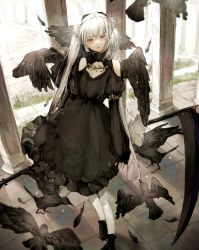 Rule 34 | 1girl, bare shoulders, bird, black bird, black dress, black feathers, black footwear, breasts, cleavage, cleavage cutout, clothing cutout, crack, cross, crow, dress, feathers, fingernails, flying, frilled dress, frills, grass, hair between eyes, highres, holding, holding scythe, holding weapon, isshiki shime, long hair, looking at viewer, nail polish, original, outdoors, parted lips, pink eyes, puffy sleeves, red nails, scythe, shoulder cutout, sleeves past wrists, standing, twintails, weapon, white hair, white legwear, wings