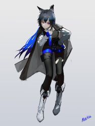 Rule 34 | 1girl, absurdres, animal ear fluff, animal ears, arknights, artist name, black hair, black jacket, black vest, blue gloves, blue necktie, blue shorts, boots, collared shirt, commentary, full body, gloves, grey background, highres, jacket, jacket on shoulders, leaning forward, long hair, long sleeves, mackia, necktie, pink eyes, pouch, shirt, shorts, simple background, solo, texas (arknights), texas the omertosa (arknights), thigh pouch, vest, white footwear, white shirt, wolf ears, wolf girl