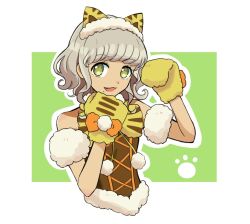 Rule 34 | 1girl, :3, :d, animal ear hairband, animal ears, animal hands, animal print, bow, brown hair, cat ear hairband, cat ears, commentary request, cropped torso, fake animal ears, fang, fur-trimmed shirt, fur trim, gloves, green background, green eyes, hairband, hands up, idol clothes, looking at viewer, mole, mole under mouth, open mouth, orange bow, outline, paw gloves, paw pose, pom pom (clothes), pretty series, pripara, seihakumai, shirt, short hair, smile, solo, taiyo pepper, upper body, white outline, yellow bow