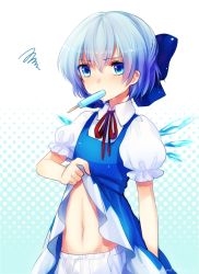 Rule 34 | 1girl, bloomers, blue eyes, blue hair, blush, bow, cirno, clothes lift, food, hair bow, halftone, halftone background, hot, ice, ice wings, matching hair/eyes, midriff, mouth hold, navel, popsicle, puffy sleeves, shibuki kamone, shirt lift, short hair, short sleeves, solo, squiggle, touhou, underwear, wings
