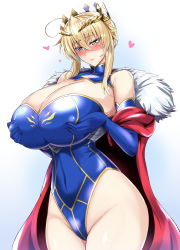 Rule 34 | 1girl, ahoge, artoria pendragon (fate), artoria pendragon (lancer) (fate), bare shoulders, blonde hair, blue legwear, blush, braid, braided bun, breasts, cape, cleavage, cleavage cutout, closed mouth, clothing cutout, collarbone, colored eyelashes, covered erect nipples, covered navel, crown, curvy, fate/grand order, fate (series), french braid, fur-trimmed cape, fur trim, gauntlets, gradient background, green eyes, hair between eyes, hair bun, hands on own chest, heart, heart-shaped pupils, heattech leotard, highres, huge breasts, impossible clothes, kumakichi (cost-lost), leotard, long hair, looking down, red cape, sidelocks, smile, solo, standing, swept bangs, symbol-shaped pupils, thighs, turtleneck