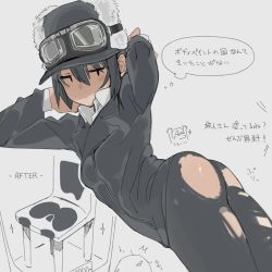 Rule 34 | 1girl, androgynous, arms up, ass, black hair, bodypaint, bottomless, chair, ettone, female focus, from behind, goggles, goggles on headwear, hat, highres, jitome, kino (kino no tabi), kino no tabi, looking back, painted clothes, short hair, solo