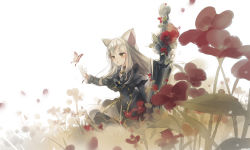Rule 34 | 10s, 1girl, animal ears, bell, blade &amp; soul, bow, bug, butterfly, cat ears, character request, collar, dress, flower, grey hair, hajida, insect, jingle bell, long hair, neck bell, outstretched hand, petals, plant, solo, sword, vines, weapon, yellow eyes