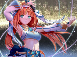 Rule 34 | 1girl, armpits, blue eyes, blunt bangs, commentary request, dancer, dancing, detached sleeves, fake tail, genshin impact, headpiece, highres, long hair, long sleeves, looking at viewer, low twintails, navel, nilou (genshin impact), nyabe, parted lips, red hair, sidelocks, simple background, smile, solo, stomach, tail, twintails, veil