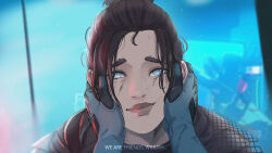 Rule 34 | 1girl, apex legends, apex legends: pathfinder&#039;s quest, black hair, blue eyes, blue gloves, bright pupils, commentary, cuts, english commentary, english text, female pov, gloves, hair behind ear, hair bun, highres, ifragmentix, injury, looking at viewer, nose piercing, parted bangs, piercing, portrait, pov, single hair bun, smile, solo focus, subtitled, wattson (apex legends), white pupils, wraith (apex legends)