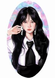 Rule 34 | 1girl, absurdres, black necktie, collared shirt, earrings, grey eyes, highres, jewelry, k-pop, looking at viewer, ma xiao ya, mole, mole under eye, necktie, real life, realistic, ring, seola (wjsn), shirt, solo, white shirt, wjsn