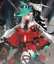 Rule 34 | 2girls, absurdres, aqua gloves, aqua headwear, arknights, belt, black choker, black headwear, bow, chinese commentary, choker, closed mouth, commentary request, cowboy shot, dress, frown, gladiia (arknights), gloves, grey hair, hat, highres, holding, holding weapon, long hair, long sleeves, looking at viewer, multiple girls, off-shoulder dress, off shoulder, official alternate costume, one eye covered, open mouth, pointy ears, profile, red bow, red dress, red eyes, renxzd, skadi (arknights), skadi the corrupting heart (arknights), thigh strap, weapon