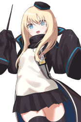 Rule 34 | 012 sasaki, 1girl, absurdres, arknights, black coat, black hat, black jacket, black skirt, black thighhighs, blonde hair, blue eyes, coat, durin (arknights), hat, highres, holding, holding wand, id card, jacket, long hair, long sleeves, looking at viewer, open clothes, open mouth, pointy ears, shirt, simple background, skirt, sleeves past fingers, sleeves past wrists, solo, thighhighs, wand, white background, white shirt, zettai ryouiki
