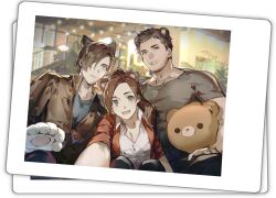 Rule 34 | 1girl, 2boys, animal ears, animal hands, bear boy, bear ears, bear girl, brother and sister, brown hair, brown jacket, cat boy, cat ears, cat paws, chris redfield, claire redfield, collared shirt, e (h798602056), facial hair, grey shirt, highres, holding, holding stuffed toy, jacket, large pectorals, leon s. kennedy, long hair, multiple boys, muscular, muscular male, open clothes, open jacket, pectorals, ponytail, red jacket, resident evil, resident evil 2, resident evil 2 (remake), shirt, short hair, siblings, smile, stuffed animal, stuffed toy, teddy bear, white shirt