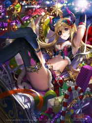 Rule 34 | 1girl, black gloves, black thighhighs, blonde hair, blue eyes, box, breasts, candy, candy cane, cleavage, dated, elbow gloves, eyepatch, food, furyou michi ~gang road~, gift, gift box, gloves, highres, horns, long hair, looking at viewer, merry christmas, midriff, parted lips, skull, solo, thighhighs, tob, very long hair